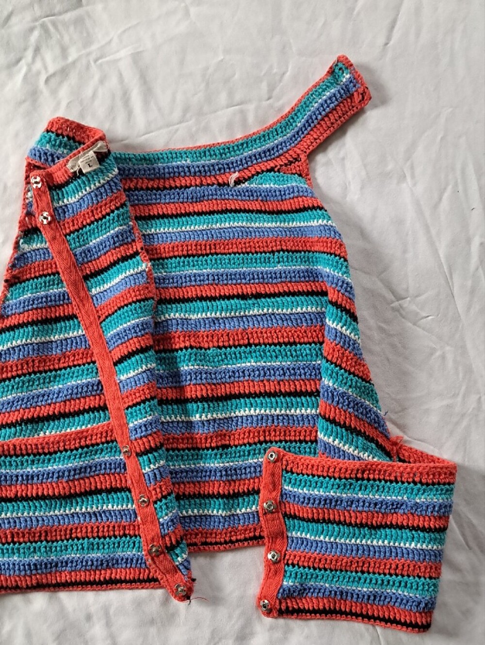 ​Ecote Striped Crochet Cotton Halter Tank Top Coral Teal Blue Boho Beach Size L - Picture 5 of 12